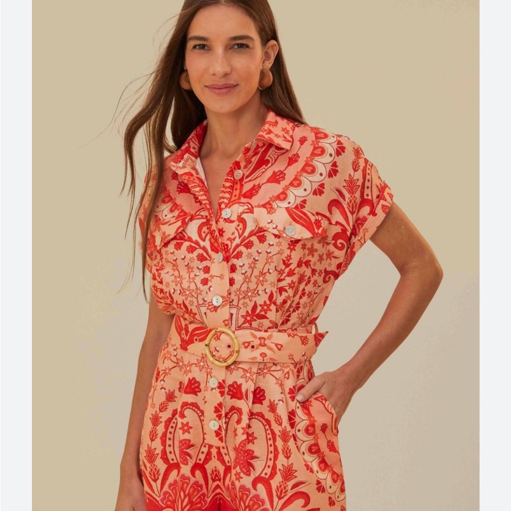 Farm Rio Jaipur Linen Print Romper with Belt - Picture 8 of 13